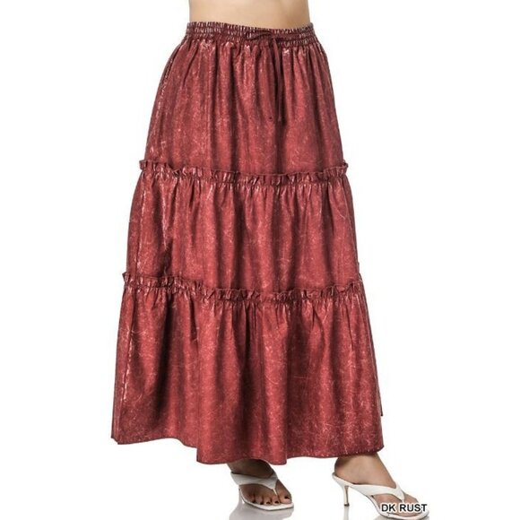Zenana Plus Dark Rust Woven Acid Wash Tiered Ruffle Maxi Skirt Sizes 2x - Picture 1 of 1